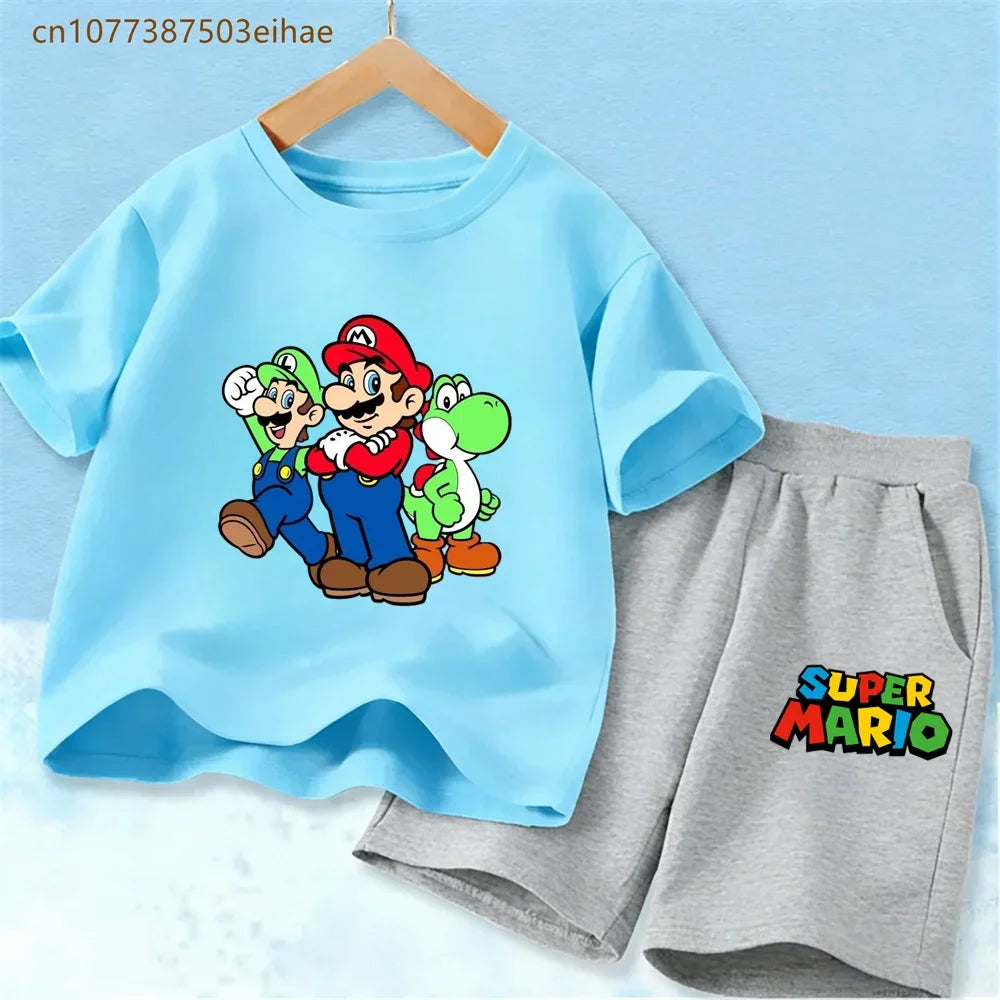 Cute Mario Pattern Children 2 Piece Suits Pure Cotton Short Sleeve Tee Tops + Fashion Shorts Summer Casual Daily Wear