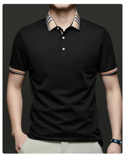 Fashion brand luxury short sleeve polo shirt men summer quality silky cotton breathable business casual striped collar T-shirt