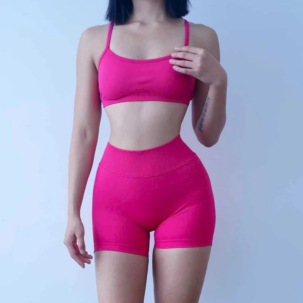 New Women's Seamless Workout Sets Thin Strap Back Sports Bra & 3-Inch Shorts, Quick Dry Gym Yoga Outfits