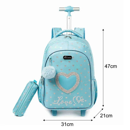 Children's Wheeled Backpack Bag Set with Lunch Box School Rolling Backpack Bag with Wheels School Trolley Backpack Bag for Girls