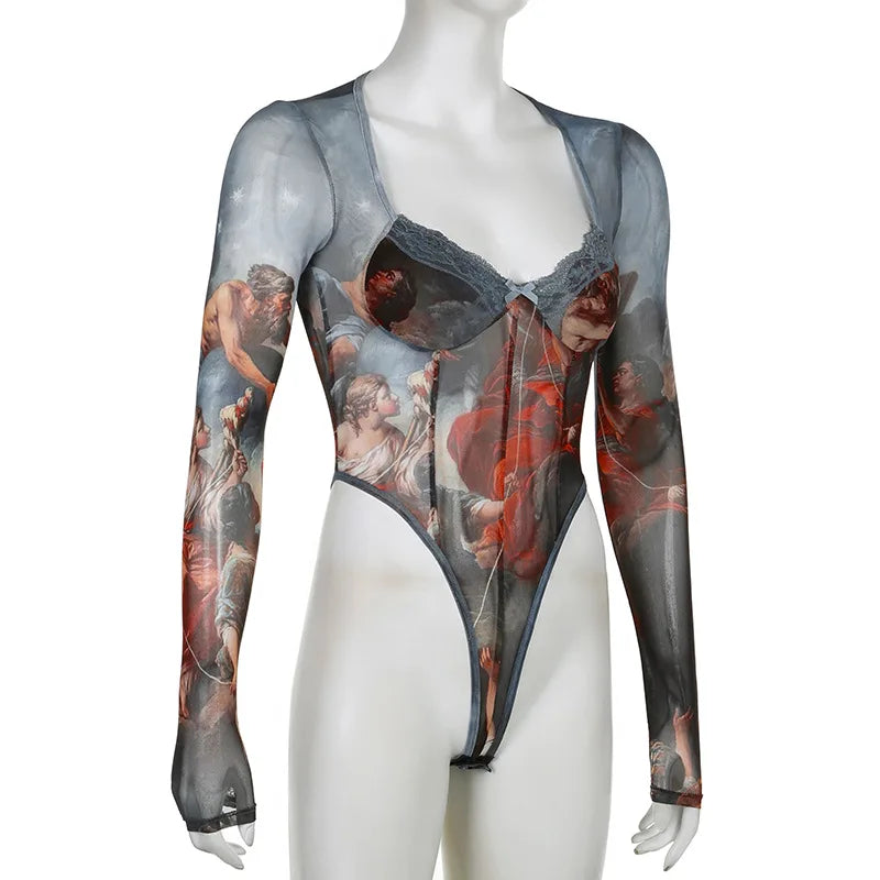 Vintage Print Sexy Bodysuit Lingerie See Through Gauze Lenceria Tranparente Long Sleeve Body Feminino Square Collar Bustier Tops