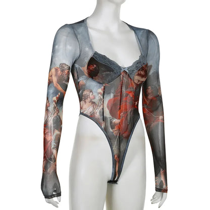 Vintage Print Sexy Bodysuit Lingerie See Through Gauze Lenceria Tranparente Long Sleeve Body Feminino Square Collar Bustier Tops