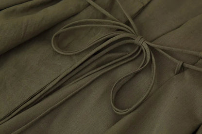 Spring Summer Vintage Women Dress Fashion Single Breasted Sashes Draped V Neck Sleeveless Chic Brown Ladies Dresses
