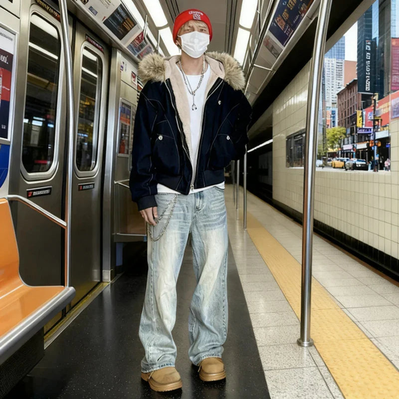 Casaco de Inverno Masculino Hip-hop Novo Casaco Parka Casual Grosso Quente Feminino Streetwear Gola de Vison Falso Solto com Capuz Casaco Curto para Casal