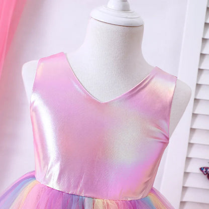 Vestido Regata Sereia Gradiente Arco-Íris para Meninas Pequenas - Saia de Tule Furta-Cor, Vestido Princesa para Festa de Primavera e Verão