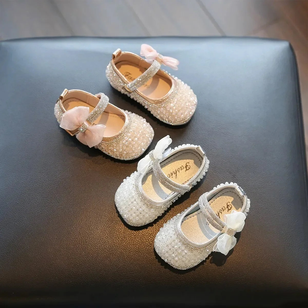 Girls Princess Shoes Lace Mesh Bows Kids Walking Shoes Non-slip Shiny Sequins 2025 New Children Flat Shoes Soft Sole Non-slip