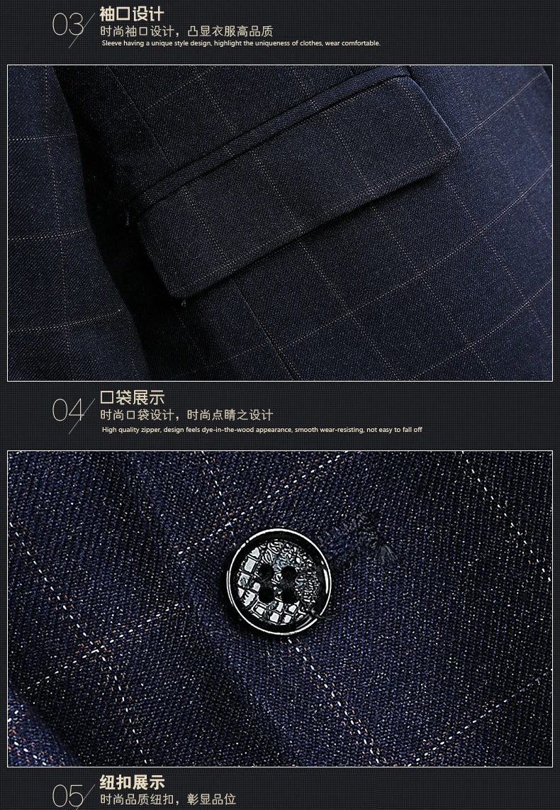 Blazer Vest Pants  Boutique Plaid Men's Formal Groom Wedding Dress Slim Suit 3Pcs or 2Pcs Men's Casual Business Suit Tuxedo