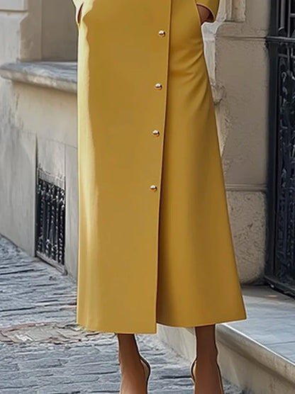 Freeacy Women's Yellow Mandarin Collar Diagonal Long Sleeve Buttoned Maxi Dress for Wedding Guest 2026 Luxury Office Dress