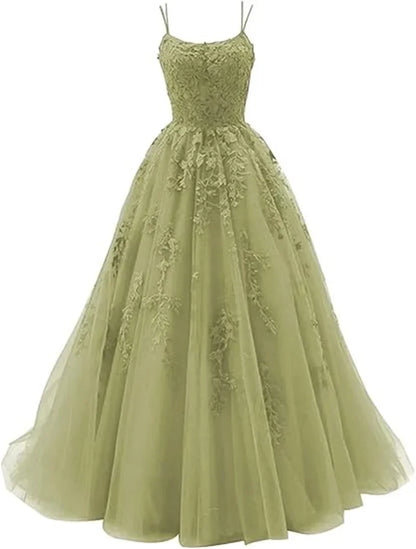 Tulle Spaghetti Straps Prom Dresses Long Lace Appliques Ball Gowns for Women
