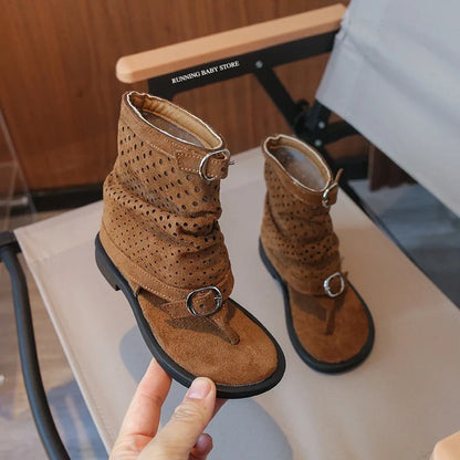 Ankle-strap Summer Slouchy Boots for Girls Suede Leather High-top Sandals Princess Cut-outs Flip Flop Dress Shoes Child J03203