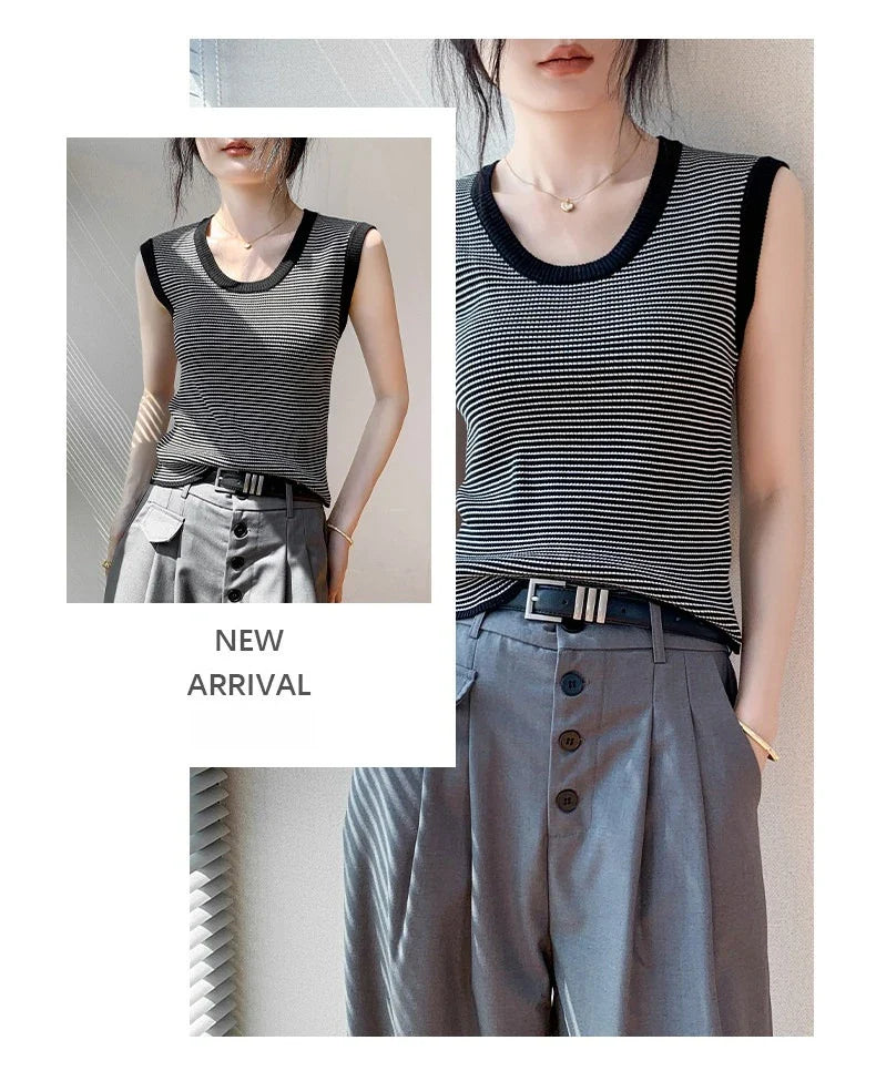 2026 Spring Summer O-Neck Striped Vest Top Simple Slim Fit Sleeveless Casual Versatile Women's Tank Top