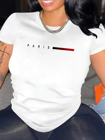 Short Sleeve Tee - Polyester Spandex Blend - Medium Stretch Knit Fabric Women's Paris Letter Print T-Shirt