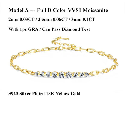 Micro Full 2/2.5/3mm D Color Moissanite Diamond Tennis Bracelet for Woman 925 Silver Plated 18k Adjustable Link Bracelets