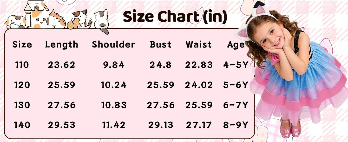 2026 Summer New Kids Girls Puffy Princess Dress Cat Striped Tutu Dress Children Birthday Party Gabby Dollhouse Cosplay Costume