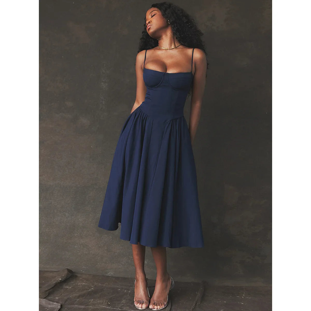 Women Elegant Sleeveless Backless Pleated Dresses Lady Sexy Solid Sling Midi Dress 2024 Female Party Evening A-line Robes