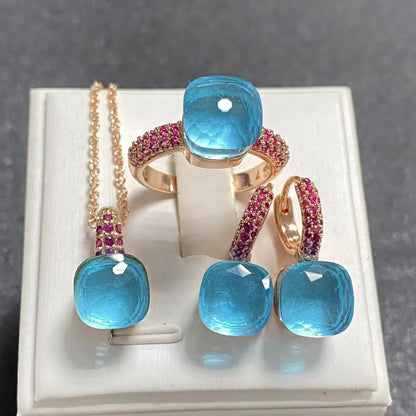 Conjunto de Joias Femininas 3 Peças - Anel, Brincos e Colar Banhados a Ouro Rosé com Zircônia Roxa Incrustada