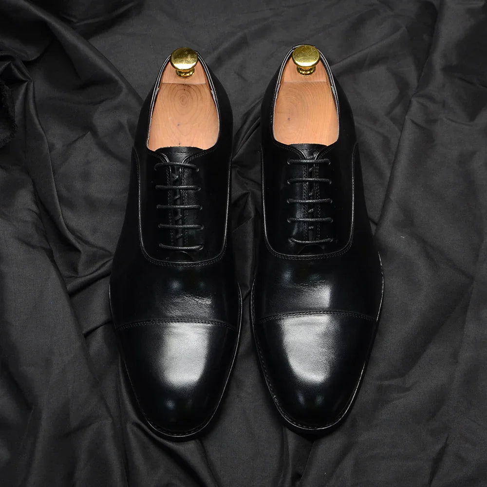 Luxury Genuine Leather Mens Business Dress Shoes Black Cap Toe Lace-Up Oxfords Company Office Wedding Party Formal Shoes for Men