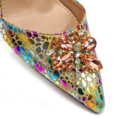 Italian Design Luxury Women's Shoes And Clutch Green Full Diamond Decoration Metal Closure Bag for Party
