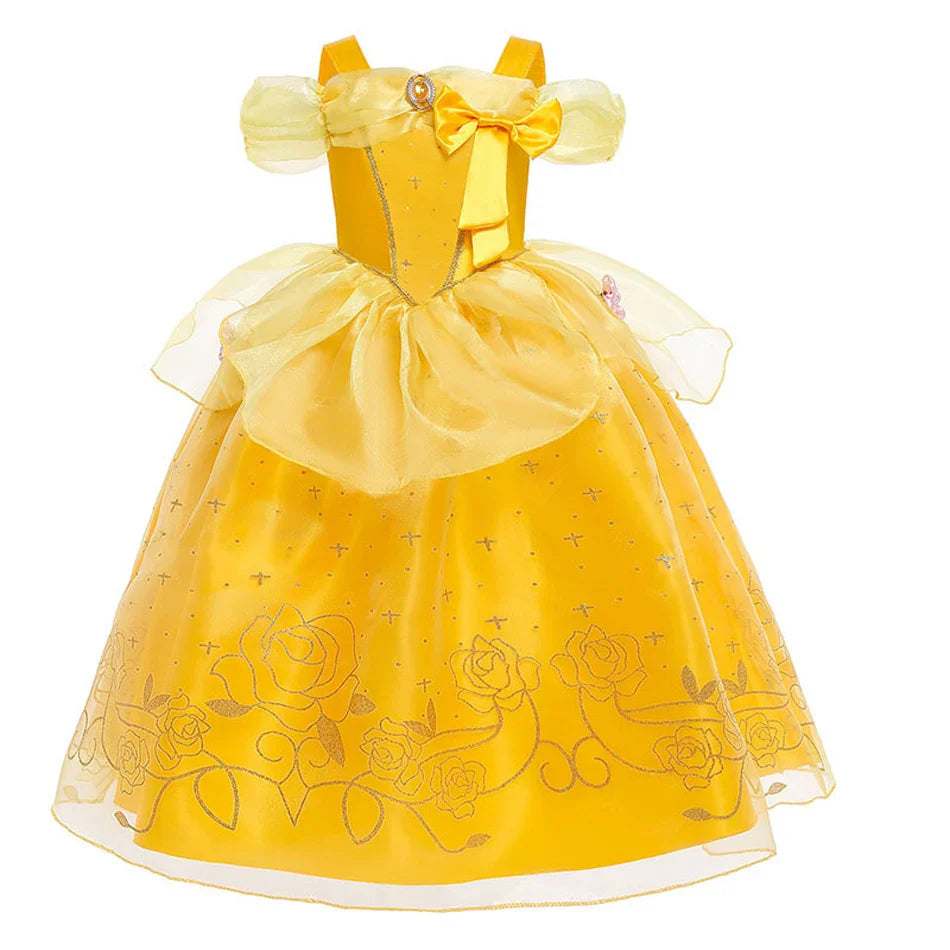 Beauty Belle Princess Cosplay Dress Girl Yellow Floral Off Shoulder Mesh Kid LED Light Halloween Costume Birthday Surprise Gift