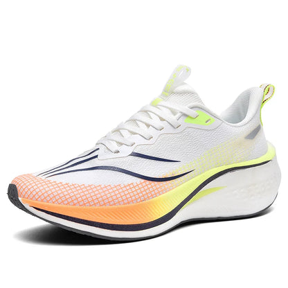 Sapatos de corrida esportivos casuais masculinos e femininos de moda com superfície de malha respirável, suporte de placa de carbono e sola de borracha resistente ao desgaste