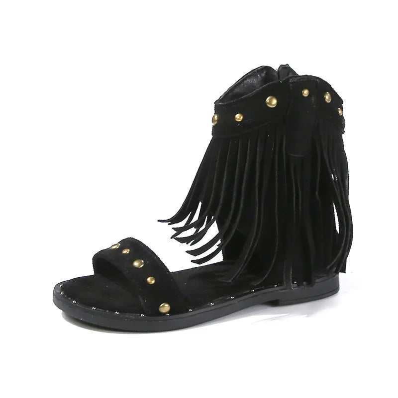 One-strap Summer Roman Shoes for Girls Tassel Rivets High-top Sandals Little Girl Soft Sole Bohemian Dress Shoes Child I06133