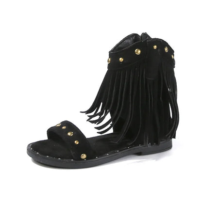 One-strap Summer Roman Shoes for Girls Tassel Rivets High-top Sandals Little Girl Soft Sole Bohemian Dress Shoes Child I06133