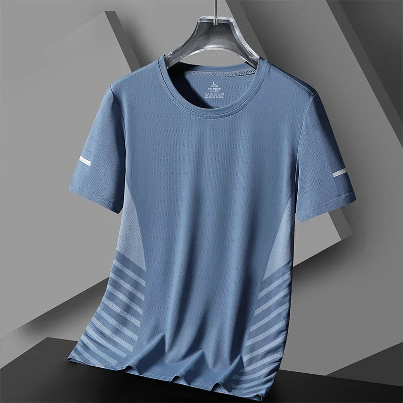 Camiseta de Corrida Masculina Verão Seda Gelo Fina Top Impressão Refletiva Secagem Rápida Manga Curta Respirável Fitness Esportiva Camiseta 5GG