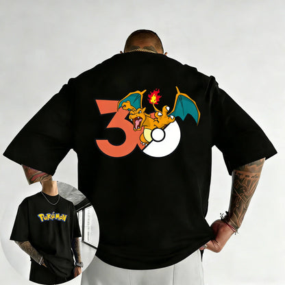 30th Anniversary Charizard Printed T-shirt Summer Men's and Women's Loose Casual Hip Hop Trendy Short Sleeve Top