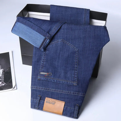 Denim Jeans For Men Blue Straight Stretch Cotton Pants Business Casual Lightweight Trousers Spring Summer