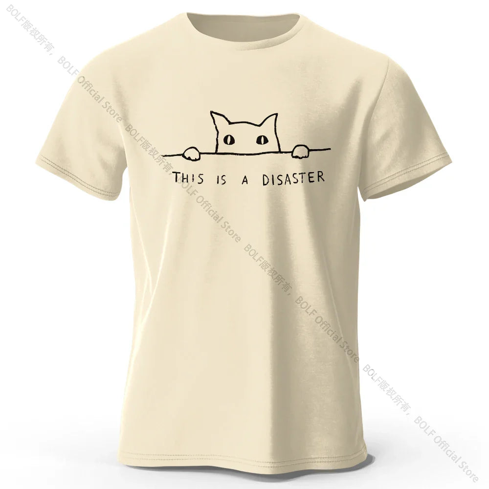 Minimalist Line Art Cat Print 100% Cotton T-Shirt, Soft & Breathable Round Neck Short Sleeve Tee, Unisex Simple & Stylish