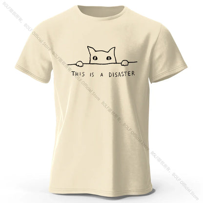 Minimalist Line Art Cat Print 100% Cotton T-Shirt, Soft & Breathable Round Neck Short Sleeve Tee, Unisex Simple & Stylish