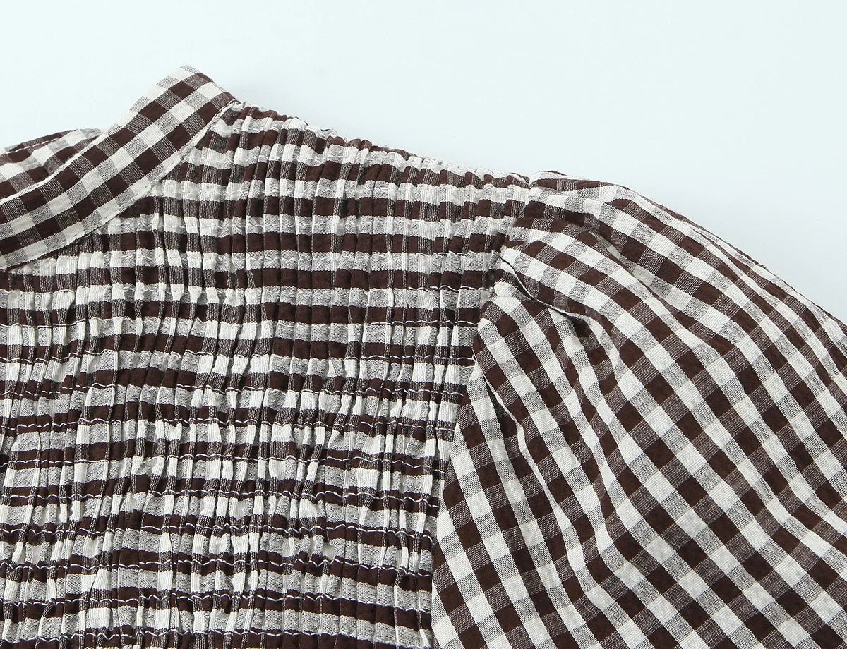 Spring Summer O-Neck Short Puff Sleeve Small Plaid Tops Women Back Button Decoration Tops Female Casual Wear 2026 New