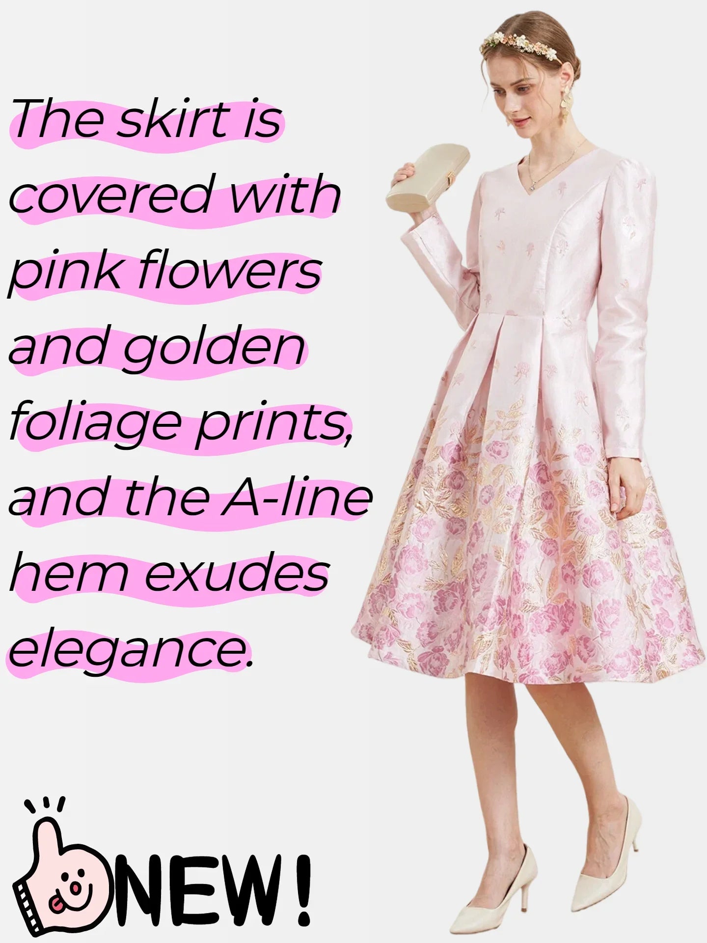 Fall/Winter Elegant French-style Romantic Pink Heavy Embroidery V-Neck Long-Sleeve Party Banquet Dress wedding guest dress