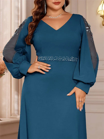 Plus Size Luxury V-Neck Red Long Sleeves Applique Formal Evening Dresses Women V-back Wedding Party Maxi Guest Gowns