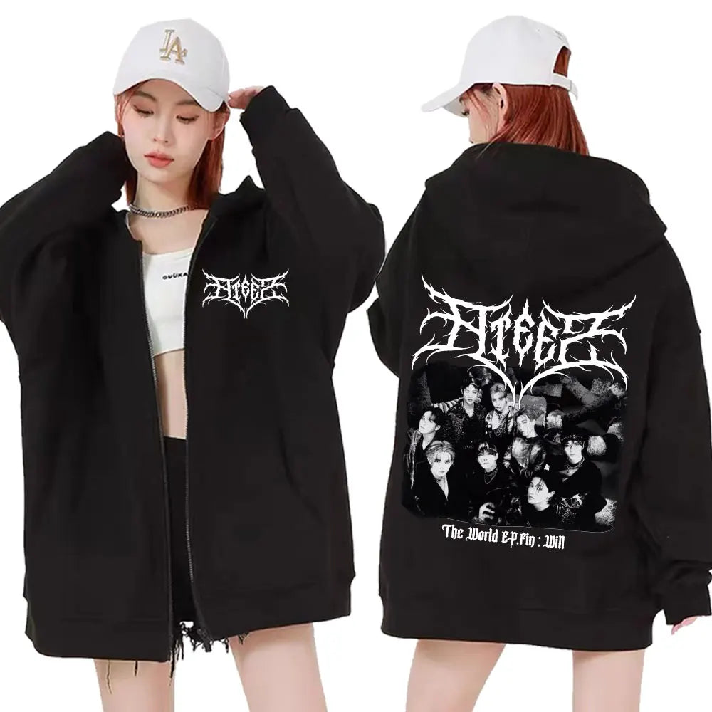 Ateez The World Ep. Fin Will Album Tour 2024 Zipper Hoodies Men Women Korean Fashion Zip Up Sweatshirt Casual Jacket Hoodie Tops