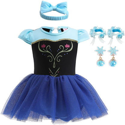 New Infant Baby Romper Blue Dress Snow White Elsa Anna Costume Cute Design Baby Cotton Dress+Headband Accessories Set