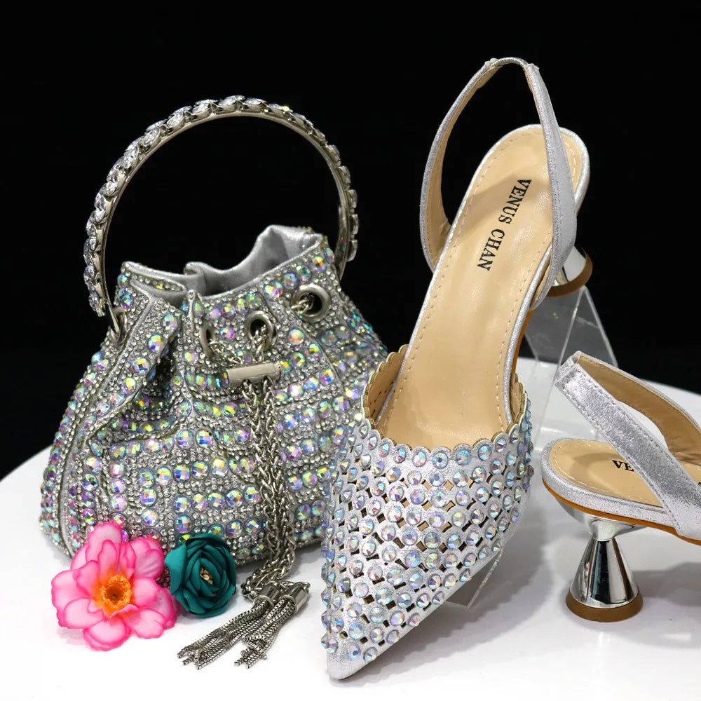 High-Heeled Pointed Toe Wedding Shoes Colorful Full Diamond Design Shoe and Bag Set for Nigeria Party