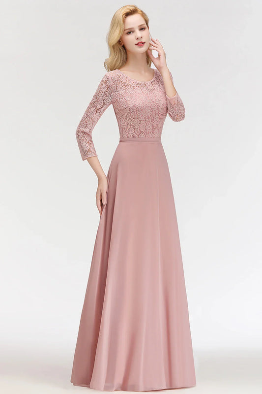 Women 3/4 Long Sleeve Evening Dresses Sexy Illusion Floral Lace O-Neck Sashes Prom Gown Chiffon A-Line Maxi Formal Party Vestido