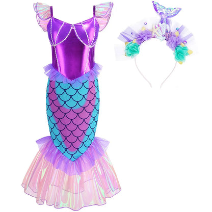 Blue Red Purple Three Colors Mermaid Flying Sleeve Fishtail Beautiful Dress For Girl Summer Beach Party Cool Swimsuit Set