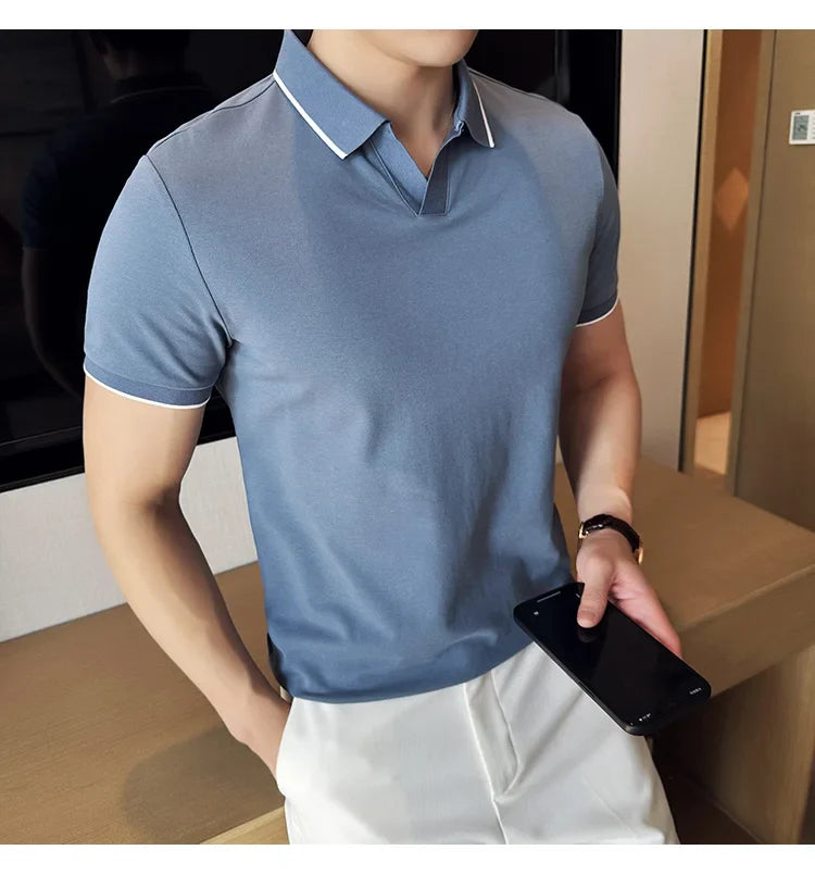 Business Casual Solid Color Men's Polo Shirt, 2024 Summer Classic, Men Short Sleeve V-neck T-shirt, Slim Fit Spliced Polo 4XL-M