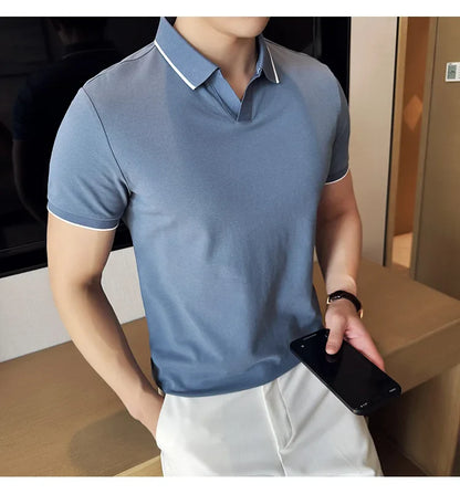 Business Casual Solid Color Men's Polo Shirt, 2024 Summer Classic, Men Short Sleeve V-neck T-shirt, Slim Fit Spliced Polo 4XL-M
