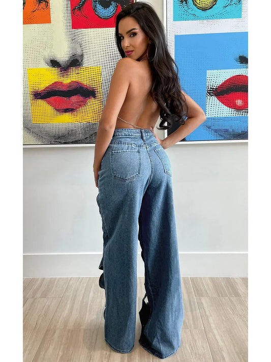 High Waist Elegant Streetwear Denim Casual Straight Trousers