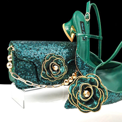 New Arrival Fashion Flower Design Party Wedding Royal Blue Color Pointed Toe Women Shoes and Bag Set Decorated With Rhinestone