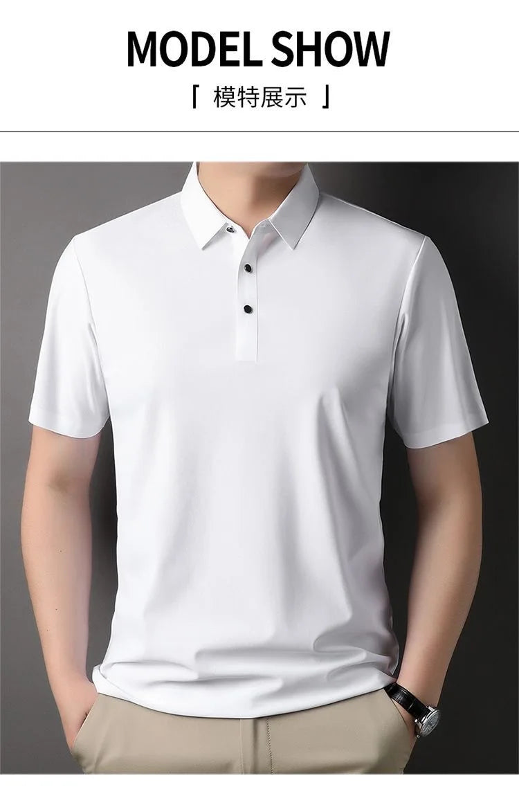 High quality wrinkle resistant ice silk short sleeve t-shirt men's summer Lapel loose casual solid color top high-end polo men