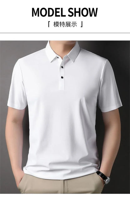 High quality wrinkle resistant ice silk short sleeve t-shirt men's summer Lapel loose casual solid color top high-end polo men