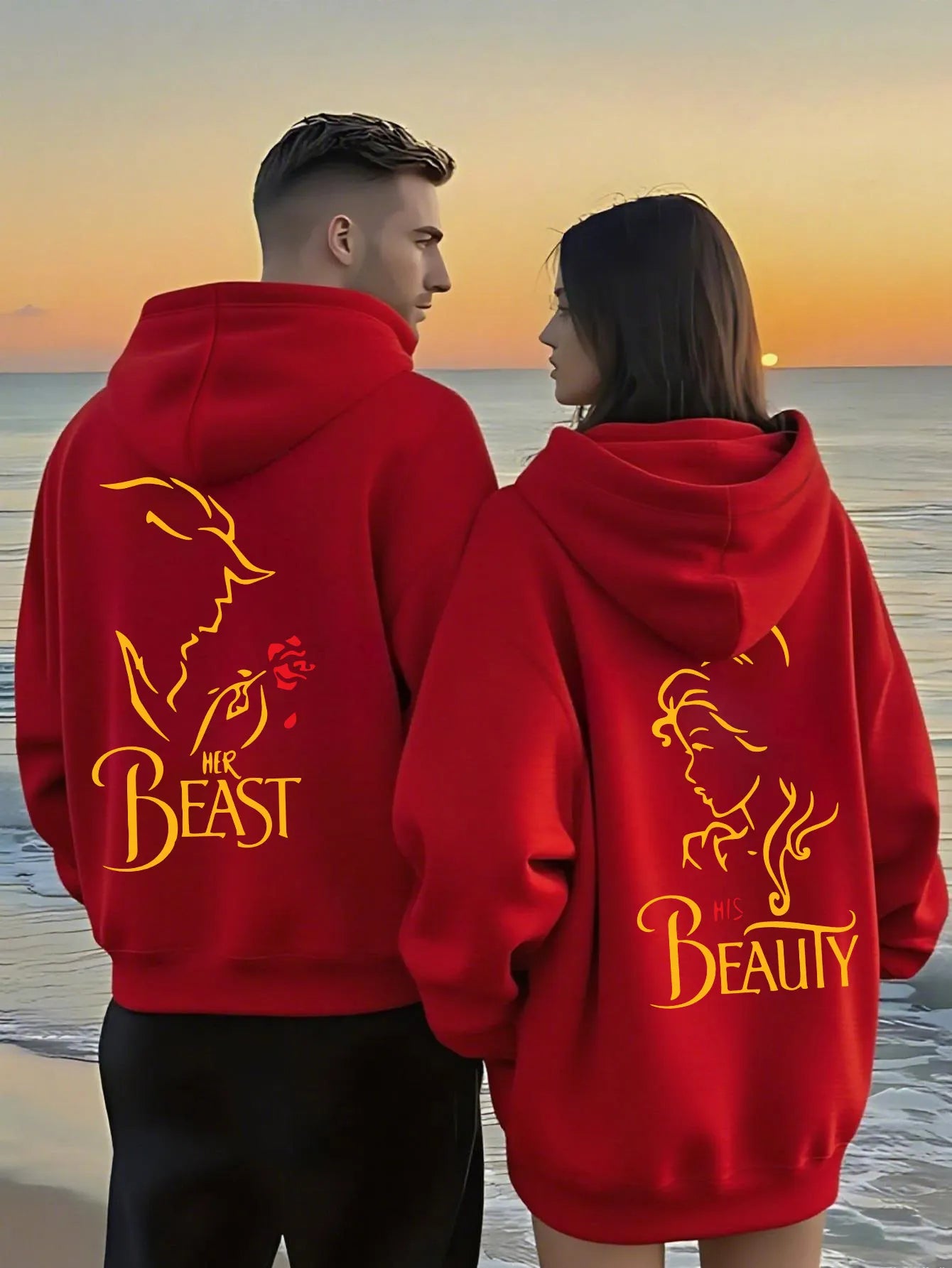 Romantic Theme Beauty and the Beast Couple Hoodies Men'S Women'S Separate Styles Pullover Casual Loose Fit Sweatshirt Hoodie Y2K
