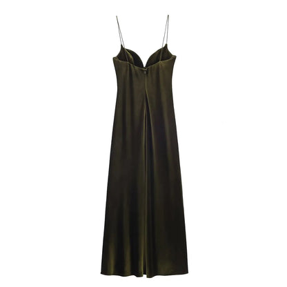 Women Red V-Neck Holiday Style Satin Texture Long Dress Sleeveless Summer Women's Back Zipper Fashion Sling Dresses