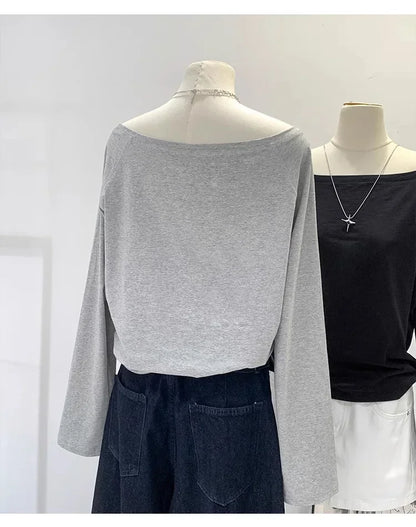 Autumn Winter One Shoulder Cotton Long Sleeve Slant Shoulder Women's Clothing Style Interior Wide Truffle Shoulder Base Shirt