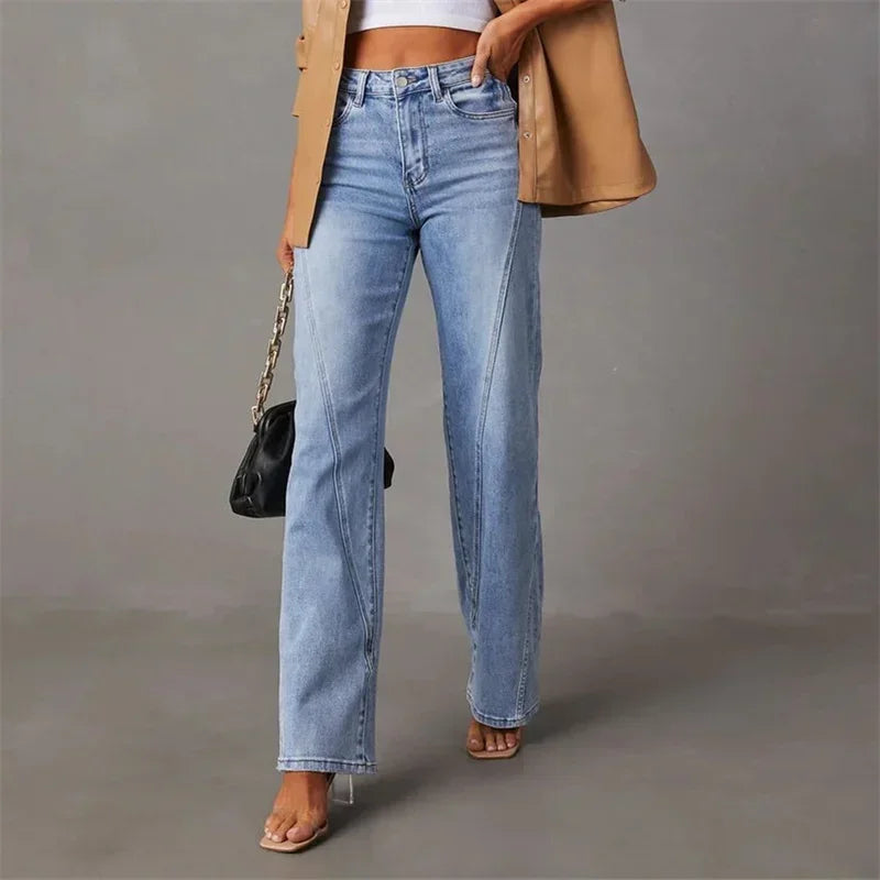 Women Mid Waist Loose Micro Flared Denim Pants