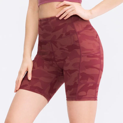 Women's printed nude yoga shorts with pockets skin-friendly tight stretch quick-drying sports fitness hiking running shorts